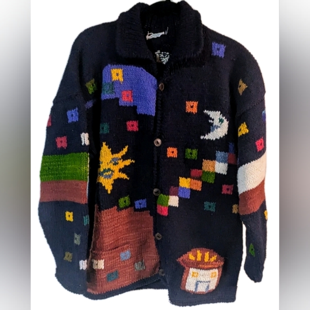 Vintage Artesanias Cotton Colorful‎ Chunky Hand Knit Artsy Cardigan